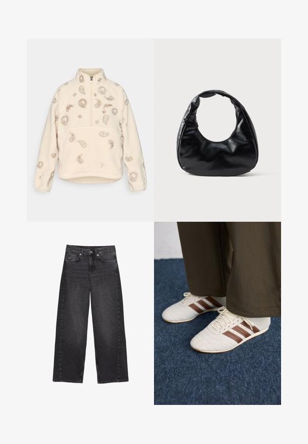 Cremefarbene Fleecejacke mit hohem Kragen, schwarzem Besatz und fünf schwarzen Knöpfen vorne. Bietet eine lockere Passform und eine weiche Textur.; Cremefarbener Fleece-Pullover mit halbem Reißverschluss, verziert mit Paisley- und Blumenstickereien in Beige, ausgestattet mit einem hohen Kragen und Raglanärmeln.; Hochtaillierte, weite schwarze Denim-Jeans mit einer verblassten Optik. Verfügt über einen vorderen Knopfverschluss und fünf Taschen, mit sichtbaren Nähten.; Weiße Sneaker mit braunen Streifen, getragen mit braunen Hosen auf einem blauen Teppichboden.; Schwarze Kunstleder-Handtasche mit einzigartiger Halbmondform, einem breiten, gepolsterten Henkel und einem Reißverschluss. Glatte, glänzende Textur, minimalistisches Design.