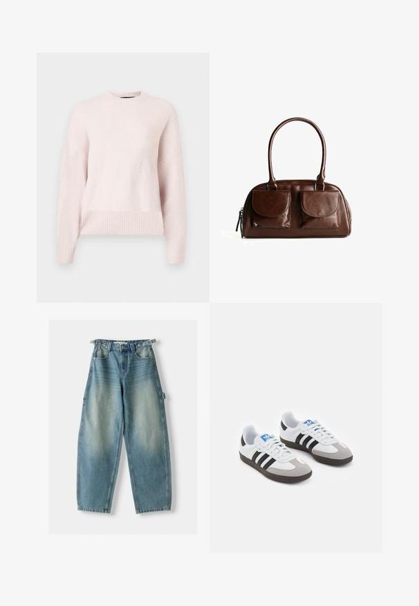 Cremefarbene Fleecejacke mit hohem Kragen, schwarzem Besatz und fünf schwarzen Knöpfen vorne. Bietet eine lockere Passform und eine weiche Textur.; Helles rosa Sweatshirt mit rundem Halsausschnitt und gerippten Bündchen. Der Stoff erscheint weich und gemütlich, geeignet für Freizeitkleidung.; Hoch taillierte, hellblaue Jeans aus Denim mit lockerer Passform. Merkmale sind ein Knopfverschluss, Gürtelschlaufen und seitliche Taschen.; Sportschuhe mit einem Obermaterial aus weißem Leder, grauer Wildleder-Zehenkappe und drei schwarzen Streifen. Sie verfügen über ein blaues Logo auf der Zunge und eine strukturierte Gummisohle.; Braune Lederhandtasche mit zwei Vorderklappen, abgerundeten Griffen und einem Reißverschluss an der Seite vor einem weißen Hintergrund.