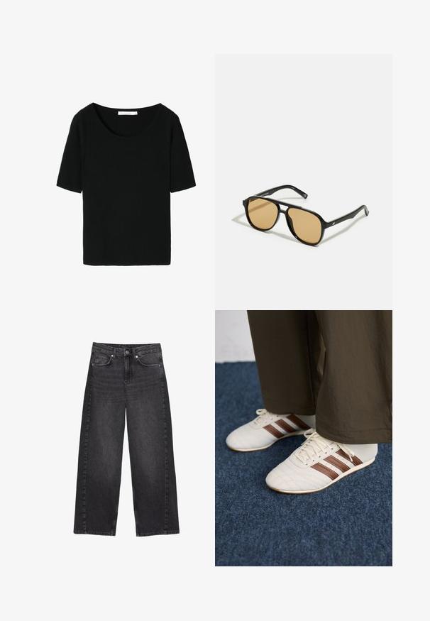 Cremefarvet fleecejakke med høj krave, sort kant og fem sorte knapper foran. Have en afslappet pasform og blød tekstur.; Sort ribbet strik t-shirt med bred rund halsudskæring og korte ærmer. Teksturen er blød og tætsiddende, velegnet til afslappet brug.; Højtaljede, vide sorte denimjeans i en falmet finish. Har en frontknaplukning og fem lommer, med synlige syninger.; Hvide sneakers med brune striber, iført brune bukser på et blåt tæppe.; Sorte solbriller med brune tonede linser; rektangulær form med en tyk ramme, herunder diskrete hardwaredetaljer på stængerne.; Sort faux læder håndtaske med en unik halvmåneform, et bredt, polstret håndtag og en lynlåslukning. Glat, blank tekstur og minimalistisk design.