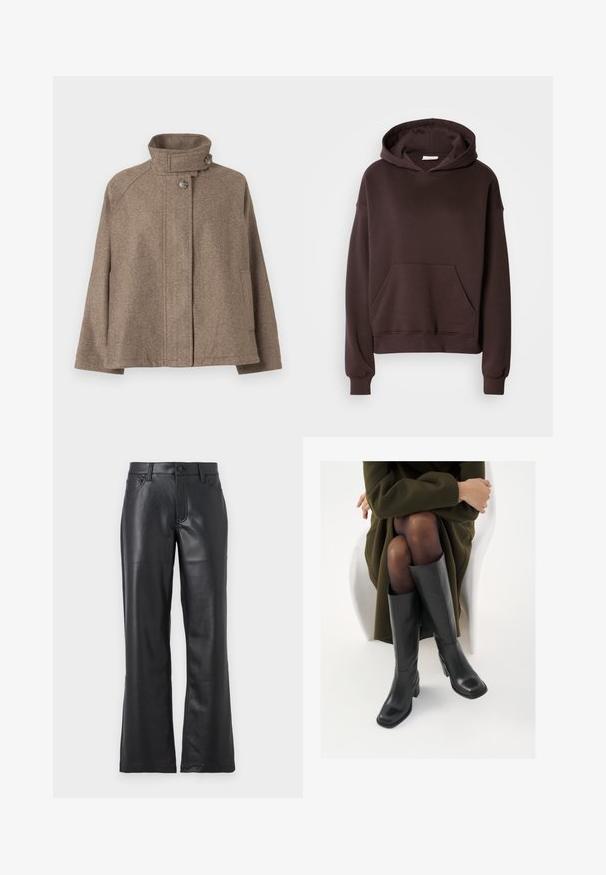 Barna gyapjúdzseki magas gallérral, gombbezárással, hosszú ujjakkal és oldalsó zsebekkel, egy sima háttér előtt kiállítva.; Barna kapucnis pulóver puha anyagból, nagy kapucnival, elülső zsebbel, valamint bordás mandzsettákkal és aljjal. Egyszerű, hétköznapi dizájn, minta nélkül.; Fekete bőr nadrág, harangszárú kialakítással, elülső zsebekkel, övhurkokkal és gombos zárással. Simább textúrájú, látható varrásokkal.; Térdfelett érő fekete bőr csizmák négyzet alakú orral és tömbtalppal, olajzöld kabátban ülő modellel bemutatva. Simaság, minimalista részletezés.