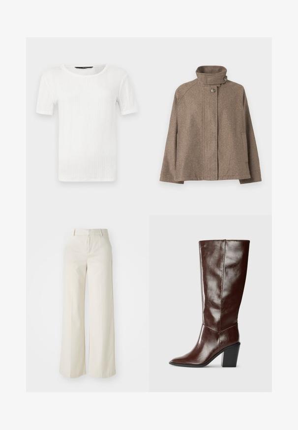 Barna gyapjúdzseki magas gallérral, gombbezárással, hosszú ujjakkal és oldalsó zsebekkel, egy sima háttér előtt kiállítva.; Fehér, rövid ujjú felső, texturált anyagból készült, függőleges bordázással és kerek nyakkivágással. Egyszerű design, díszítések nélkül.; Világos bézs színű, széles lábú nadrág, sima anyagból készült. Klasszikus derékrésszel és lapos elülső résszel, letisztult vonalakkal rendelkezik.; Magas, sötétbarna bőr csizma hegyes orral és tömb sarkal, oldalról mutatva, sima háttér előtt.