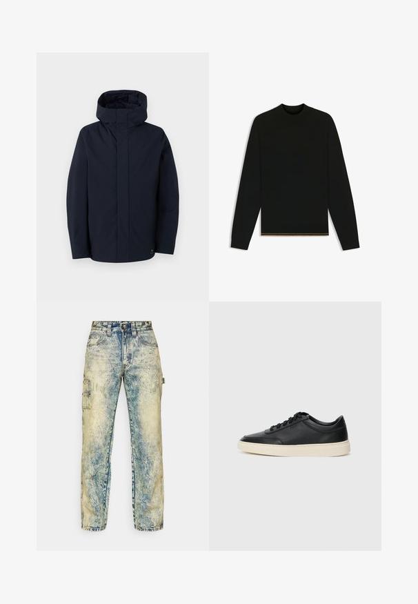 Samsøe Samsøe JOHN JACKET - Waterproof jacket - salute; Black knit sweater with long sleeves and a high neck. Features a gold accent at the hem. Smooth texture and fitted design.; Loose-fitting cargo pants in faded blue denim, featuring multiple pockets, visible stitching, and a worn texture with light creases.; Black low-top leather sneaker with black laces and off-white sole shown in side profile on white background.