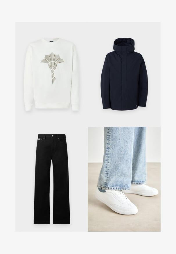 Samsøe Samsøe JOHN JACKET - Ūdensnecaurlaidīga jaka - salute; Balta sporta krekla ar teksturētu, metālisku zelta un sudraba apvalka dizainu centrā; ar apaļu kakla izgriezumu un ribotām piedurknēm.; Melni džinsi ar platajiem bikšu dizainu, ar piecām kabatām un metāla pogām. Gluda tekstūra, bez redzamām rakstu detaļām.; Baltas kedas ar gludu materiālu, auklām, teksturētu gumijas zoli un tirkīza akcentu uz papēža, apvienoti ar gaiši ziliem džinsiem.