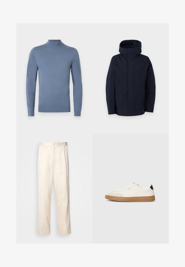 Samsøe Samsøe JOHN JACKET - Waterproof jacket - salute; Light blue turtleneck sweater made of knit fabric, featuring long sleeves, ribbed collar, and hem. Simple design with no visible patterns.; Beige cotton trousers with a straight-leg cut, featuring a button closure and pleats at the front for added detail.; White sneakers with beige accents, smooth leather upper, rounded toe, and rubber gum sole, featuring a black heel tab and subtle branding.