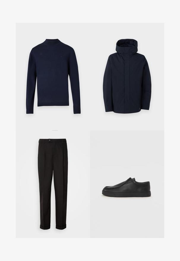Samsøe Samsøe JOHN JACKET - Vízálló dzseki - salute; Sötétkék kötött pulóver magas nyakkal, hosszú ujjal és bordázott mandzsettával. Finom márkalogóval a mellkason. Sima textúra.; Fekete nadrág sima textúrával, egyenes szabással, két elülső zsebbel és egy gombbal zárható derékkal.; Fekete bőr slip-on cipő lekerekített orral, varrott részletekkel és fekete gumitalppal. Simaság és minimalista dizájn jellemzi.