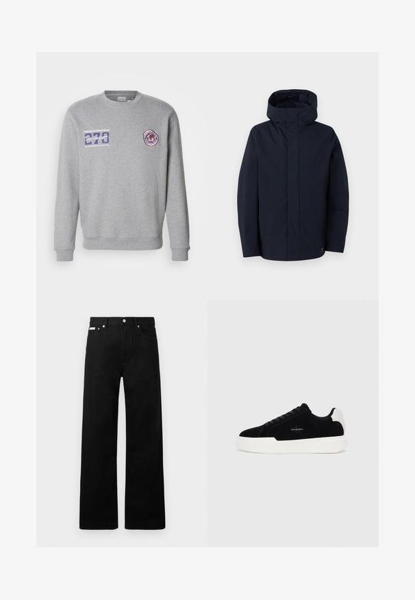 Samsøe Samsøe JOHN JACKET - Vízálló dzseki - salute; Szürke pulóver kerek nyakkal, grafikai logóval és kerek folttal a mellkason. Puha, enyhén texturált anyagból készült.; Fekete farmernadrág széles szabással, öt zsebbel és fém gombos díszítéssel. Sima felület, látható minták nélkül.; Fekete alacsony szárú sneaker fehér talppal és saroktabbal, fűzős elülső résszel és Calvin Klein logóval az oldalon.