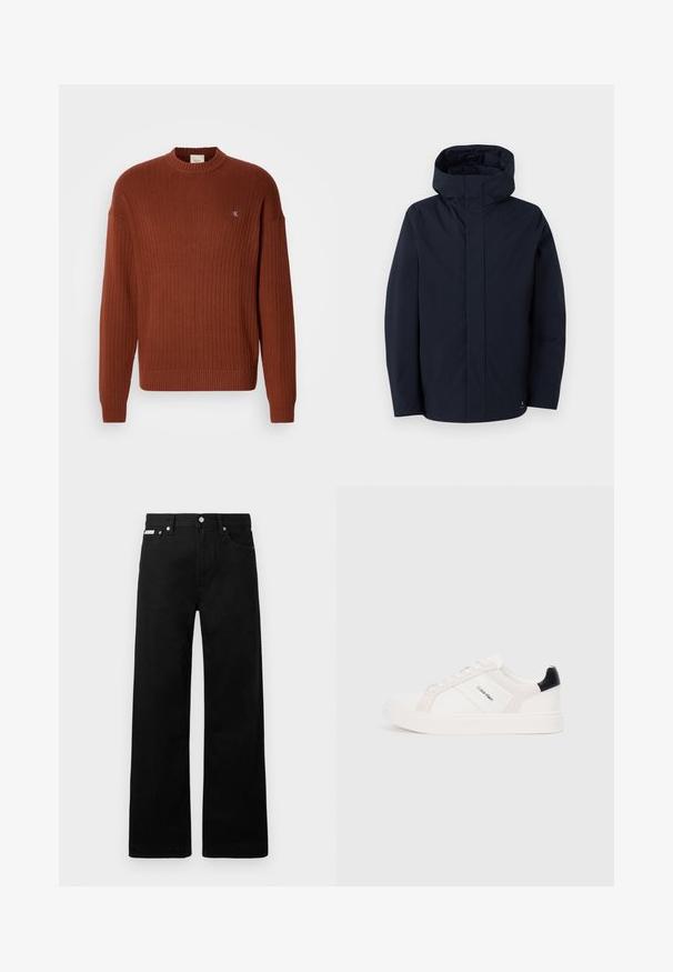 Samsøe Samsøe JOHN JACKET - Vodotesná bunda - salute; Sveter v rustovej farbe s rebrovaným vzorom a okrúhlym výstrihom, s malým logom na hrudi a príjemným voľným strihom. Vyrobený z textúrovanej pleteniny.; Čierne džínsy s širokými nohavicami, obsahujúce päť vreciek a kovové zapínanie. Hladká textúra, bez viditeľných vzorov.; Biele tenisky s jemne ružovými a čiernymi akcentmi, s hladkou kožou a semišovými panelmi, okrúhlou špičkou a plochou gumovou podrážkou.