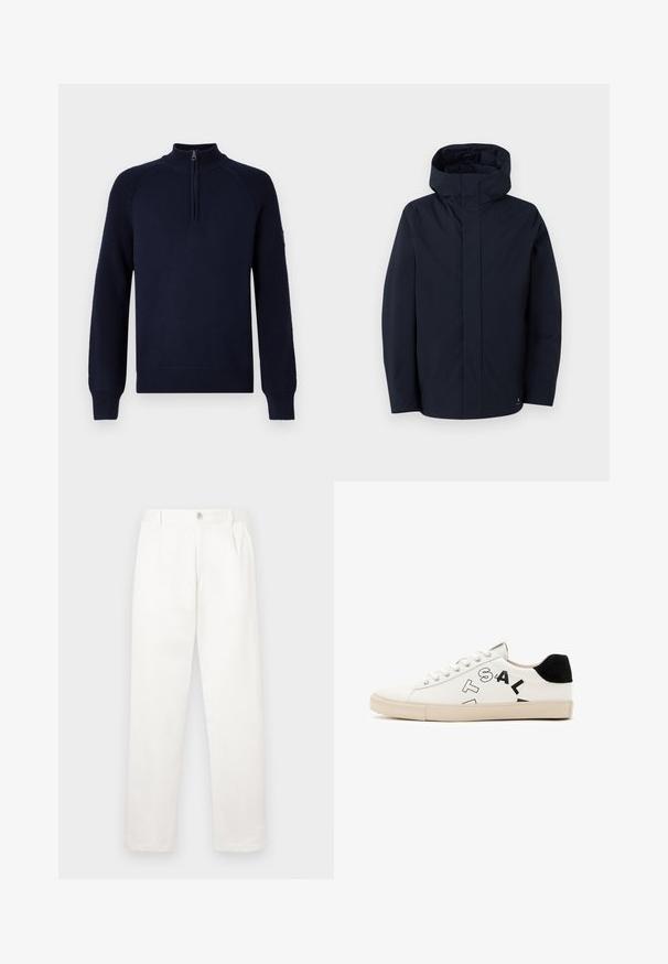 Samsøe Samsøe JOHN JACKET - Vodoodporna jakna - salute; Mornarsko modri pleten pulover z visokim ovratnikom in pol-zadrgo, ki ima rebraste manšete in spodnji rob.; Bele hlače iz gladkega blaga, z ravnimi nogami, sprednjimi gubami in enim gumbom za zapiranje v pasu.; Bela usnjena športna obutev z črnimi poudarki na peti, ki se ponaša z izrazitim črnim napisom na strani in gumijastim podplatom. Minimalistična zasnova.