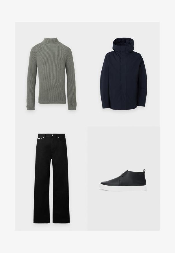 Samsøe Samsøe JOHN JACKET - Regenjas - salute; Geribbelde gebreide trui in lichtgroen met een hoge kraag, lange mouwen en een getailleerd ontwerp. De textuur is zacht en iets rekbaar.; Zwarte spijkerbroek met een wijd uitlopende pasvorm, voorzien van vijf zakken en metallic knopen. Gladde textuur, geen zichtbare patronen.; Zwarte leren high-top sneakers met een gladde afwerking, witte rubberen zool en een eenvoudig vetersluiting ontwerp. Beschikt over een trekband aan de achterkant.