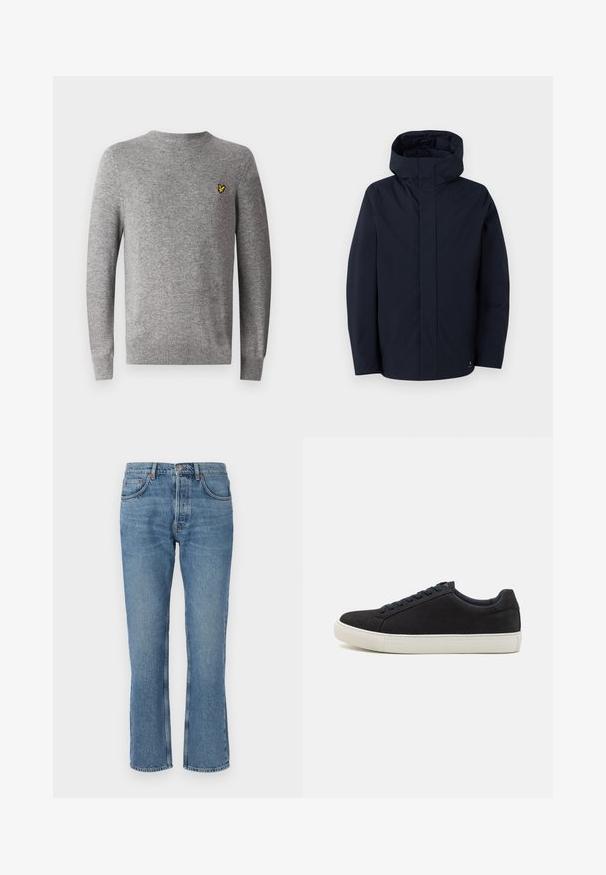 Samsøe Samsøe JOHN JACKET - Sadetakki - salute; Harmaa neulepaita, jossa on pyöreä kaula-aukko ja pitkät hihat. Vasemmassa rintakehässä on pieni keltainen logo. Pehmeä pinta.; Vaaleansiniset denim-farkut suoran leikkauksen, viiden taskun muotoilun ja kontrastivärisen ompelun kanssa. Kangas on pehmeä ja siinä on hieno haalistuminen.; Musta mokkanahkainen lenkkari pyöreällä varvaspäällä, valkoisella kumipohjalla, erottuvilla sinisillä nauhoilla ja sileällä pinnalla. Minimalistinen muotoilu ilman näkyvää logoa.