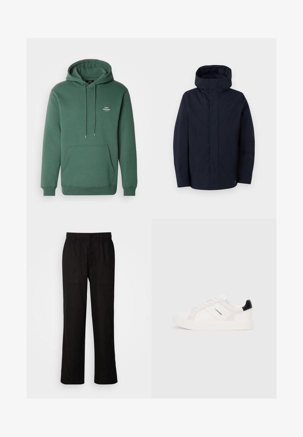 Samsøe Samsøe JOHN JACKET - Regenjas - salute; Groene hoodie van zacht materiaal, met een voorzak, trekkoorden en een klein wit logo op de borst. Klassieke snit en ribgebreide mouwen.; Zwarte broek met een relaxte pasvorm, gemaakt van lichte stof. Voorzien van een elastische tailleband, knoopsluiting en twee zijzakken.; Witte sneakers met lichtroze en zwarte accenten, met gladde leren en suède panelen, ronde neus en platte rubberen zool.