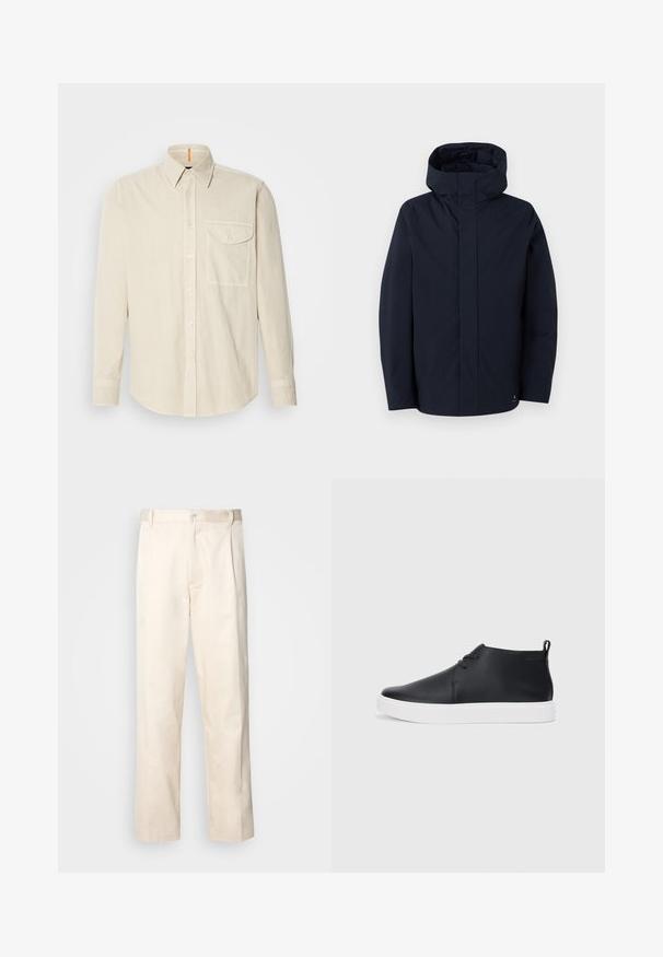 Samsøe Samsøe JOHN JACKET - Impermeable - salute; Camisa de manga larga beige en una tela suave y texturizada. Presenta un cuello abotonado, pliegue frontal con botones y un bolsillo en el pecho izquierdo.; Pantalones de algodón beige con corte recto, que cuentan con un cierre de botón y pliegues en la parte frontal para un detalle adicional.; Zapatillas de deporte altas de cuero negro con un acabado suave, suela de goma blanca y un diseño de cordones sencillo. Cuenta con una pestaña en la parte posterior.