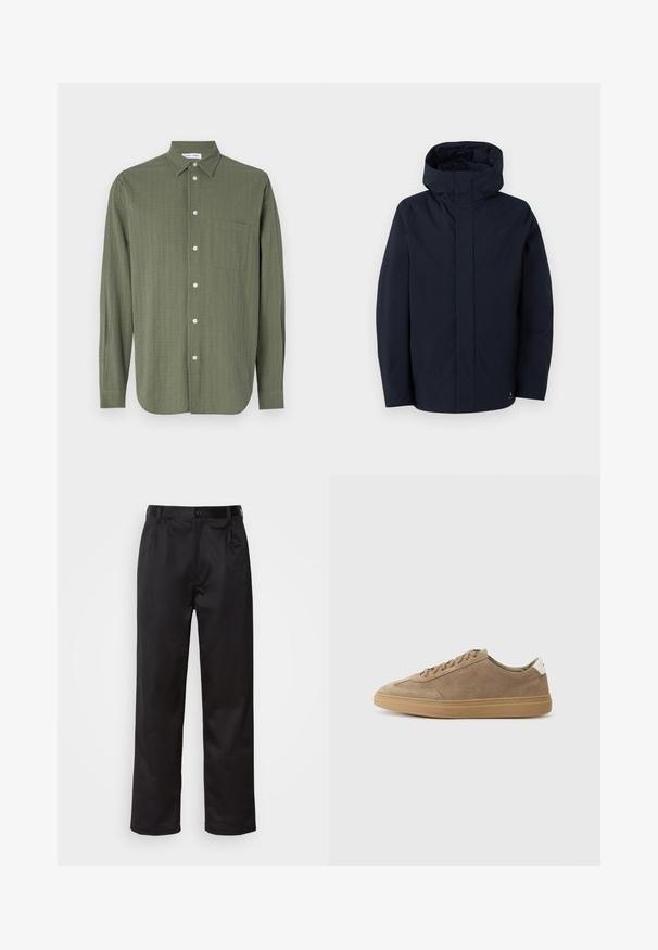 Samsøe Samsøe JOHN JACKET - Veekindel jope - salute; Olive roheline pika varrukaga särk, tekstureeritud kangas, nööbid ees, üks rinnatasku ja klassikaline krae.; Mustadest siledast kangast pükstest, millel on ees nupu sulgemine, voldid ja sirged sääred. Ei mingeid nähtavaid mustreid ega aktsente.; Heled nahk tennisjalatsid heledas pruunis, kummist tallaga. Omavad paeltega sulgemist ja minimalistikku stiili, millele lisab aktsenti valge kandjateip.