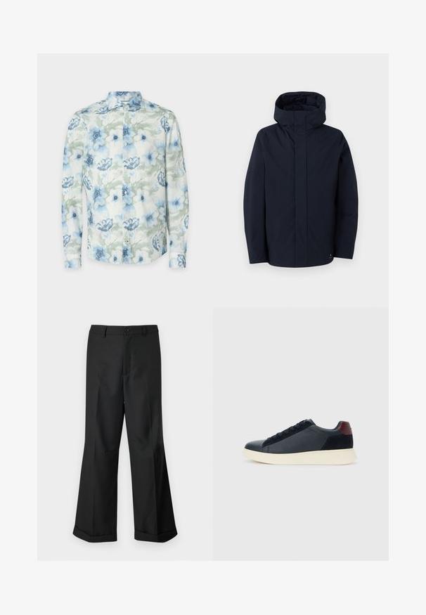 Samsøe Samsøe JOHN JACKET - Waterproof jacket - salute; Floral long-sleeve shirt in light fabric, featuring blue and green watercolor flowers, buttons, and a classic collar design.; Black wide-leg trousers with buttoned waistband and cuffed hems, displayed against a plain white background.; Low-top men's sneaker in black leather and suede with maroon heel tab and white rubber sole, viewed from the outer side.