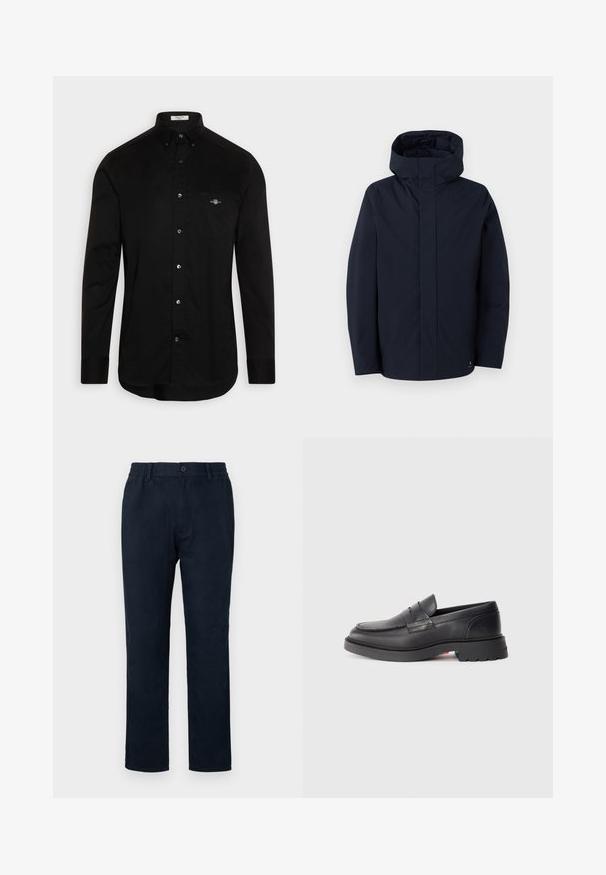 Samsøe Samsøe JOHN JACKET - Waterproof jacket - salute; Black button-up shirt made of cotton, featuring a pointed collar, long sleeves, and a chest pocket with a small logo stitched in color.; Navy chinos with an elastic waistband, a front button closure, and a straight leg design. Smooth texture with no visible patterns.; Black leather loafers with a rounded toe, a raised seam, and a thick rubber sole. Simple design with minimal branding on the side.