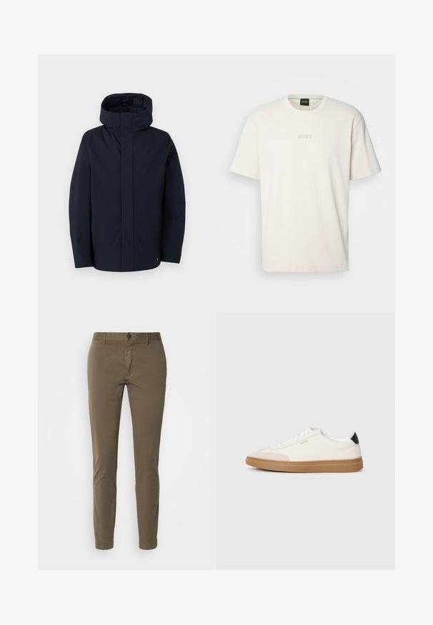 Samsøe Samsøe JOHN JACKET - Vízálló dzseki - salute; BOSS TEE - Basic póló - open white; HUGO DAVID - Vászonnadrágok - beige; Fehér sportcipők bézs kiegészítőkkel, sima bőr felsőrésszel, kerek orral és gumitalppal, fekete sarkú fülekkel és diszkrét márkajelzéssel.