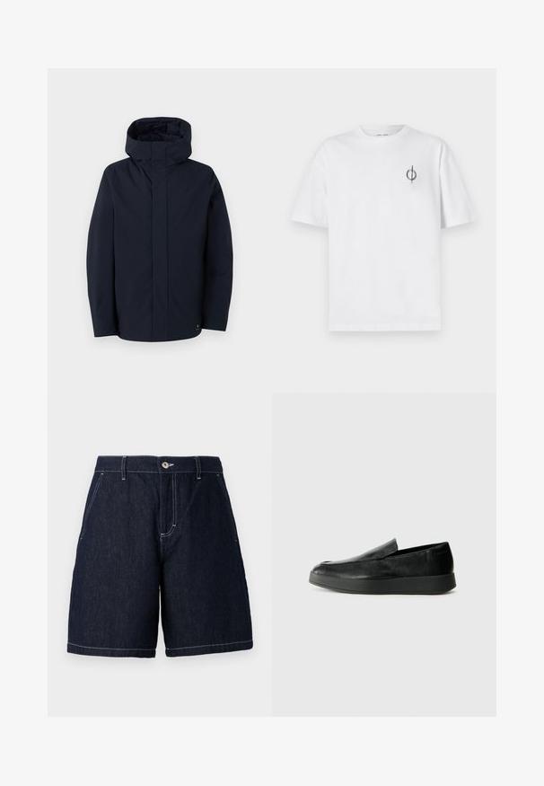 Samsøe Samsøe JOHN JACKET - Regenjacke / wasserabweisende Jacke - salute; Weißes Baumwoll-T-Shirt mit lockerer Passform, das ein kleines schwarzes Grafiklogo auf der linken Brustseite aufweist. Kurze Ärmel, Rundhalsausschnitt.; Dunkelblaue Jeans-Shorts mit geradem Schnitt. Verfügt über einen Knopfverschluss, Vordertaschen und kontrastierende weiße Nähte entlang der Kanten.; Calvin Klein HYBRID CUP - Slipper - triple black