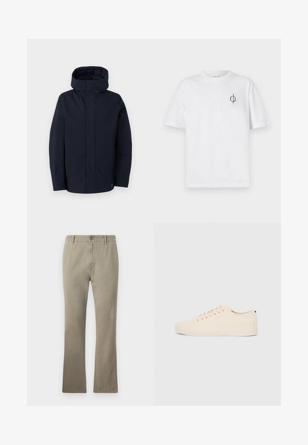 Samsøe Samsøe JOHN JACKET - Veekindel jope - salute; Valge puuvillane t-särk lõdva sobivusega, millel on vasakul rinnal väike must graafiline logo. Lühikesed varrukad, ümmargune kaelus.; Beezid puuvillased püksid otse lõikega, nupuga sulgemine, vööaasad ja veidi tekstureeritud pind, sobivad igapäevaseks kandmiseks.; Beige kangastossud ümmarguse ninaga, tasase kummist lõhenemisega ja nööridega ees. Omab minimaalset disaini ja kontrastset musta aktsenti kanna piirkonnas.