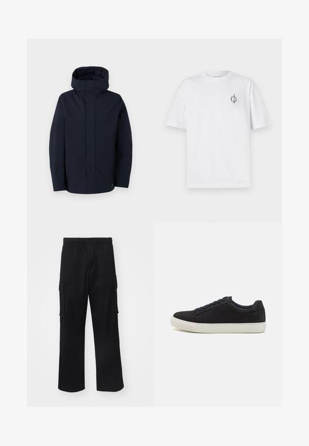 Samsøe Samsøe JOHN JACKET - Vodootporna jakna - salute; Bijela pamučna majica s opuštenim krojem, s malim crnim grafičkim logotipom na lijevoj prečki. Kratki rukavi, okrugli izrez.; Crne cargo hlače s elastičnom strukom, bočnim džepovima i ravnim krojem, izrađene od laganog materijala.; Crni nubuk tenisice s zaobljenim vrhom, bijelim gumenim potplatom, kontrastnim plavim vezicama i glatkom teksturom. Minimalistički dizajn bez vidljivog loga.