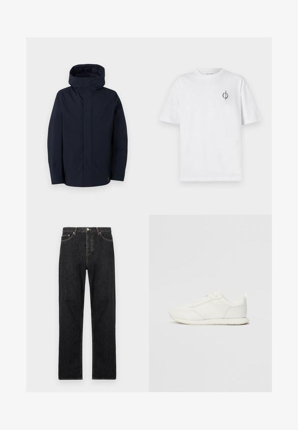 Samsøe Samsøe JOHN JACKET - Veekindel jope - salute; Valge puuvillane t-särk lõdva sobivusega, millel on vasakul rinnal väike must graafiline logo. Lühikesed varrukad, ümmargune kaelus.; Mustad teksad sirge lõikega, nuppude sulgemisega, viie taskuga ning peente õmblusteadetega õmbluste vahel.; Valged tennisesid, millel on võrgust ja sünteetilisest materjalist ülemine osa, ümar varvas, lamedad paelad ja tekstureeritud külgmine triip. Kummist tallaosa, tagaküljel tõmbetab.