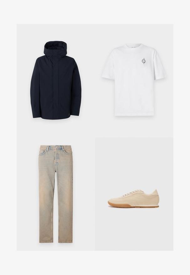 Samsøe Samsøe JOHN JACKET - Waterproof jacket - salute; White cotton t-shirt with a relaxed fit, featuring a small black graphic logo on the left chest area. Short sleeves, crew neck style.; Light beige denim jeans with a straight cut. Features five pockets, a button fly, and subtle fading along the fabric's surface.; Beige suede sneakers with a streamlined design, featuring a textured upper, rounded toe, and a rubber sole with a zigzag pattern.