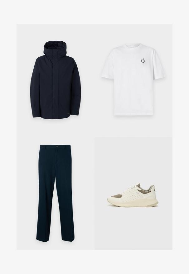 Samsøe Samsøe JOHN JACKET - Vodootporna jakna - salute; Bijela pamučna majica s opuštenim krojem, s malim crnim grafičkim logotipom na lijevoj prečki. Kratki rukavi, okrugli izrez.; Tamno plave hlače napravljene od glatke tkanine, s kopčanjem na dugme, ravnog kroja i minimalnim detaljima.; Bijele i svijetlosmeđe sportske tenisice, sa mrežastim gornjim dijelom, perforiranim detaljima i teksturiranim međutrakom sa brendom na peti.