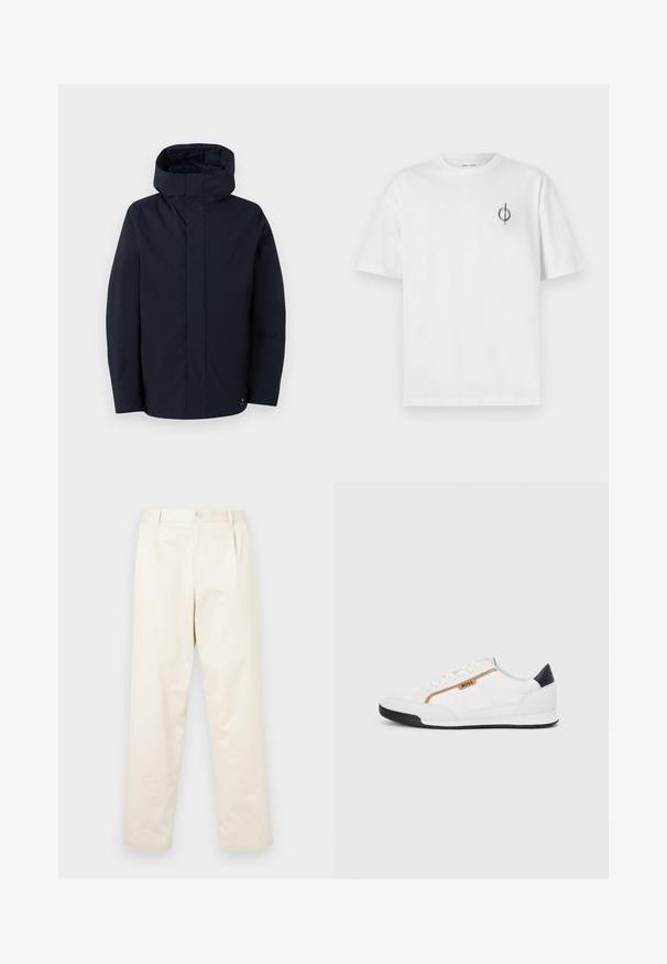 Samsøe Samsøe JOHN JACKET - Vízálló dzseki - salute; Fehér pamut póló laza szabással, kis fekete grafikai logóval a bal mellen. Rövid ujjak, kerek nyakkivágás.; Világos bézs pamut chinos nadrág, egyenes szárú kivitelben, gombos zárással és két oldalsó zsebbel. Simaság jellemzi, látható minták nélkül.; Fehér sportcipők, hálós és bőr díszítésekkel. Kiemelkedő arany "BOSS" logó, textúrázott oldalpanelekkel és fekete sarokkal. Gumi talp.