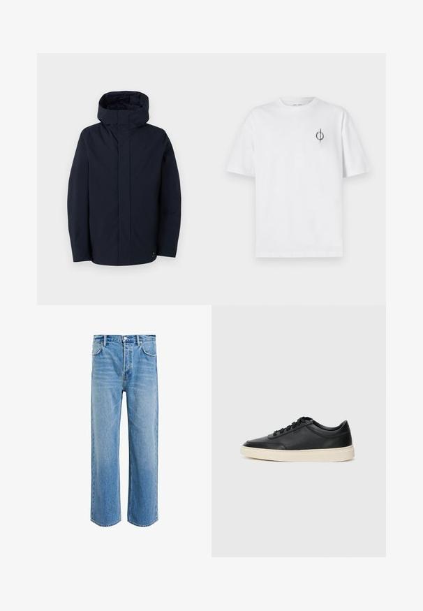 Samsøe Samsøe JOHN JACKET - Veekindel jope - salute; Valge puuvillane t-särk lõdva sobivusega, millel on vasakul rinnal väike must graafiline logo. Lühikesed varrukad, ümmargune kaelus.; Heleda sinine laiemate jalgadega teksapüksid, mis on valmistatud kulunud viimistlusega denimist. Omab viit taskut ja nööbilukku vöökohtadel.; Mustad musta nahast madal sneaker mustade nööpidega ja kreemivalge tallaga, nähtud külgprofiilis valge tausta ees.