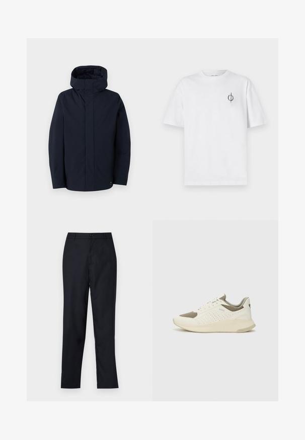 Samsøe Samsøe JOHN JACKET - Ūdensnecaurlaidīga jaka - salute; Bāla kokvilnas t-kreklu ar brīvu piegulšanu, kuram uz kreisā krūšu apvidus ir neliels melns grafiskais logotips. Īsas piedurknes, apaļas kakla izgriezums.; Tumši zili, gluda auduma bikses ar taisnu kāju dizainu, ar vienu pogu un smalkiem priekšējiem krokām.; Baltas un gaiši bež sporta apavi, ar sieta augšdaļu, perforētiem detaļām un teksturētu vidusdaļu ar zīmolu uz papēža.