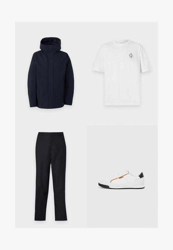 Samsøe Samsøe JOHN JACKET - Regnjakke - salute; Hvit bomull t-skjorte med avslappet passform, med en liten svart grafisk logo på venstre brystområde. Korte ermer, rund hals.; Marineblå bukser laget av glatt stoff, med rak bendesign, enkel knappelukking og subtile frontfold.; Hvite sporty sko med mesh- og lærdetaljer. Har en gull "BOSS"-logo, teksturerte sidepaneler og en svart hælbru. Gummisåle.