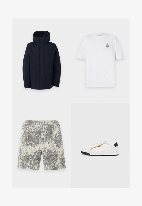 Samsøe Samsøe JOHN JACKET - Regnjakke - salute; Hvit bomull t-skjorte med avslappet passform, med en liten svart grafisk logo på venstre brystområde. Korte ermer, rund hals.; Strikkede shorts i kremhvitt og svart med et teksturert, abstrakt mønster. Elastisk midjebånd gir komfort og enkelhet i bruk.; Hvite sporty sko med mesh- og lærdetaljer. Har en gull "BOSS"-logo, teksturerte sidepaneler og en svart hælbru. Gummisåle.