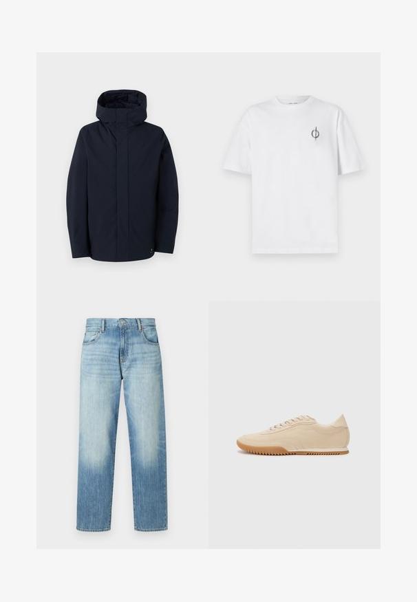 Samsøe Samsøe JOHN JACKET - Vodoodporna jakna - salute; Bela bombažna majica s sproščenim krojem, ki ima majhen črn grafični logotip na levem prsnem delu. Kratke rokave, okrogel izrez.; Svetlo modri traper hlače z ravnim nogavico, z diskretnim zbledelostjo, petimi žepi in gumbnim zapiranjem. Srednje visok pas.; Bež semiš čevlji z aerodinamičnim dizajnom, ki imajo teksturirano zgornji del, zaobljen toe in gumijast podplat z zigzag vzorcem.