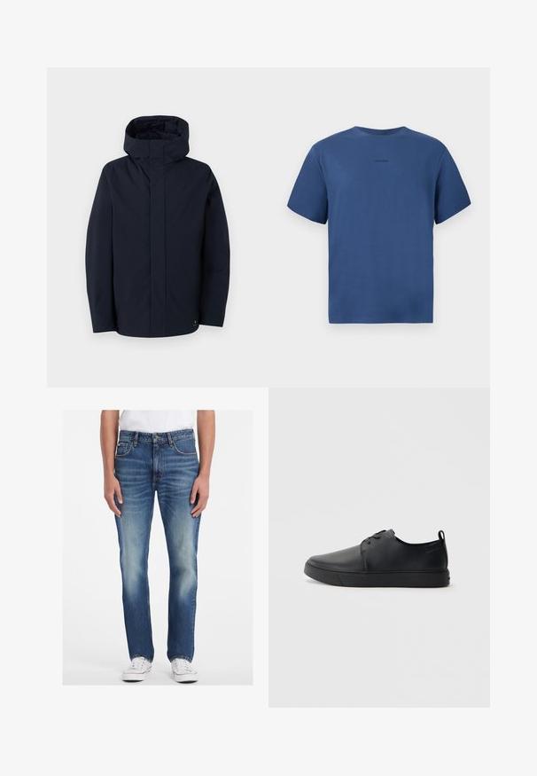 Samsøe Samsøe JOHN JACKET - Αδιάβροχο μπουφάν - salute; Μπλε κοντομάνικο μπλουζάκι με λαιμόκοψη, με μικρό μαύρο λογότυπο Calvin Klein στο κέντρο του στήθους, παρουσιασμένο σε λευκό φόντο.; Μπλε τζην παντελόνι με ίσια γραμμή, διαθέτοντας ανοιχτό χρώμα, ξεθωριασμένες λεπτομέρειες και σχέδιο με πέντε τσέπες. Συνδυάζεται με λευκά αθλητικά παπούτσια.; Μαύρο δερμάτινο αθλητικό παπούτσι με λεία επιφάνεια, στρογγυλή μύτη, τονικό ράψιμο, κορδόνια μπροστά και επίπεδη καουτσούκ σόλα. Βρόχος στην πτέρνα.