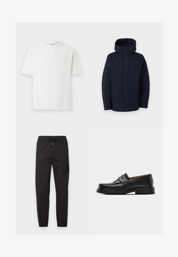 Samsøe Samsøe JOHN JACKET - Regnjakke - salute; Hvit kortermet T-skjorte med et teksturert mønster, rund hals og avslappet passform. Stoffer ser lette og pustende ut.; Sorte, tapered bukser laget av lett stoff. Har elastisk midje med snor, sidelommer og elastiske mansjetter ved anklene.; Svart skinnloafers har en hevet søm, to dekorative stropper på oversiden, og en tykk teksturert såle for bedre grep.
