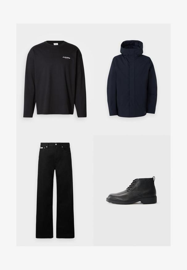 Samsøe Samsøe JOHN JACKET - Vodotěsná bunda - salute; Černé tričko s dlouhými rukávy vyrobené z bavlny s kulatým výstřihem. Na levé hrudi se nachází bílé logo a je navrženo pro volný střih. Hladká textura.; Černé denimové kalhoty s širokým střihem, s pěti kapsami a kovovými knoflíky. Hladký povrch, bez viditelných vzorů.; Černé kožené boty s texturovaným povrchem, kulatou špičkou, šněrováním v přední části a pevným gumovým podešví. Na zadní straně je malý úchyt.