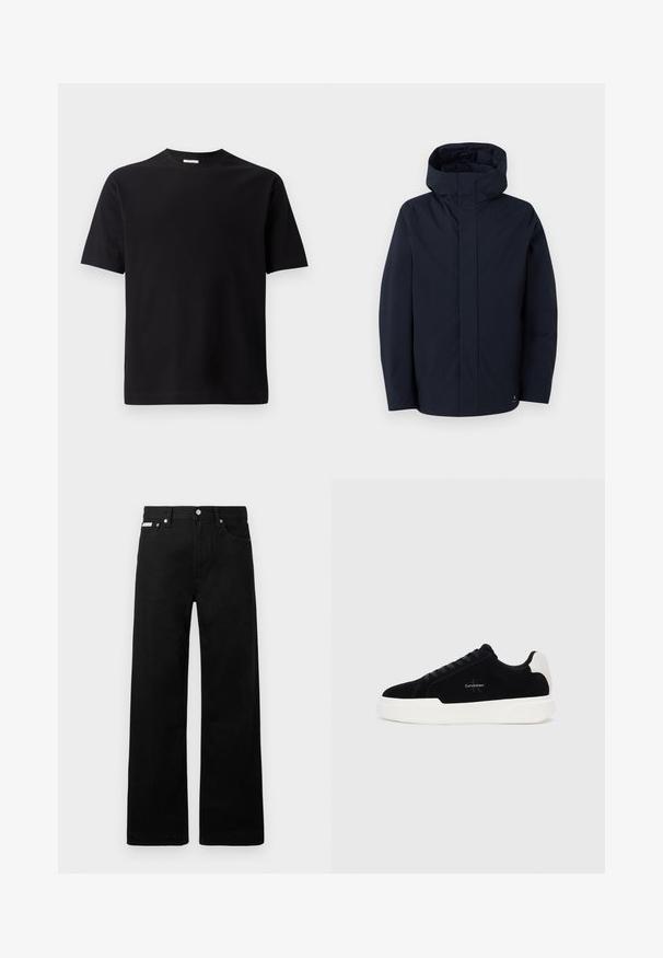 Samsøe Samsøe JOHN JACKET - Vodoodporna jakna - salute; Črna majica s kratkimi rokavi z teksturiranim geometrijskim vzorcem, okroglo ovratnikom in ravnim zaključkom. Narejena iz mehke, zračne tkanine.; Črne jeans hlače širokega kroja, z petimi žepi in kovinskimi gumbi. Gladka tekstura, brez vidnih vzorcev.; Črne nizke superge z belim podplatom in petnim trakom, vezalne spredaj, z logotipom Calvin Klein na strani.
