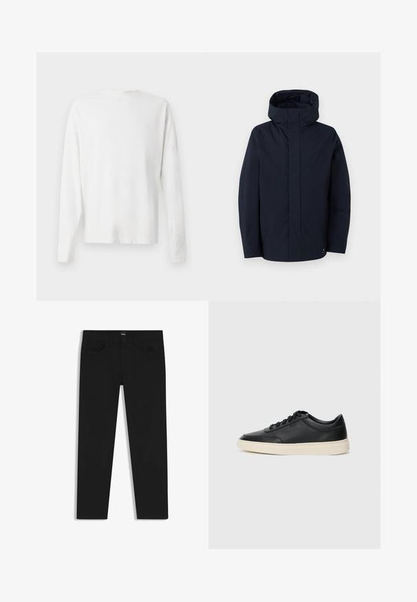 Samsøe Samsøe JOHN JACKET - Regenjacke / wasserabweisende Jacke - salute; Langärmliges weißes Baumwollhemd mit rundem Ausschnitt, seitlichen Schlitzen am unteren Rand und glatter Textur, von hinten präsentiert.; Schwarze Denim-Hosen mit geradem Schnitt, ausgestattet mit einem Standardbund, fünf Taschen und einem Knopfverschluss. Angenehme, glatte Textur.; Schwarzer niedriger Ledersneaker mit schwarzen Schnürsenkeln und cremefarbenem Sohlenrand, seitlich auf weißem Hintergrund dargestellt.