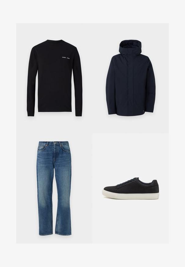 Samsøe Samsøe JOHN JACKET - Waterproof jacket - salute; Black long-sleeve T-shirt made of cotton, featuring a crew neck and dual white "SAMSØE" logo prints on the left chest area.; Blue denim jeans with a straight cut, featuring a classic five-pocket design, faded texture, and copper rivet accents.; Black suede sneaker with a rounded toe, white rubber sole, contrasting blue laces, and a smooth texture. Minimalist design with no visible logo.