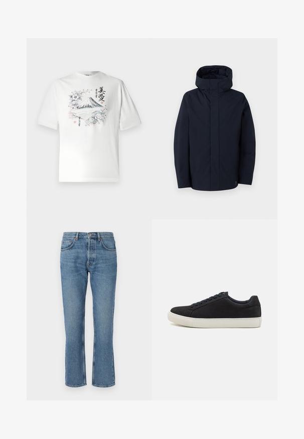 Samsøe Samsøe JOHN JACKET - Regnjakke / vandafvisende jakker - salute; Hvid bomulds T-shirt med korte ærmer, der har et grafisk motiv af Mount Fuji omgivet af blomster og japansk tekst i et flerfarvet design.; Lys blå denim jeans med lige snit, fem-lomme design og kontrasterende syninger. Stof har en blød tekstur og let falmning.; Sorte ruskinds sneakers med rund tå, hvid gummisål, kontrasterende blå snørebånd og en glat overflade. Minimalistisk design uden synligt logo.