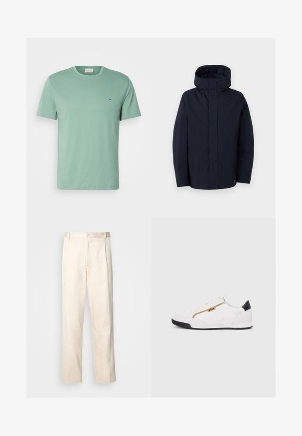 Samsøe Samsøe JOHN JACKET - Regenjacke / wasserabweisende Jacke - salute; Hellgrünes Baumwoll-T-Shirt mit Rundhalsausschnitt, kurzen Ärmeln und einem kleinen Emblem in der Nähe der linken Brust. Weicher Stoff, normale Passform.; Beige Baumwollhose mit geradem Bein, ausgestattet mit einem Knopfverschluss und Falten an der Vorderseite für zusätzliche Details.; Weiße Sportschuhe mit Mesh- und Lederelementen. Ausgestattet mit einem goldenen "BOSS"-Logo, strukturierten Seitenpaneelen und einer schwarzen Fersenkappe. Gummisohle.
