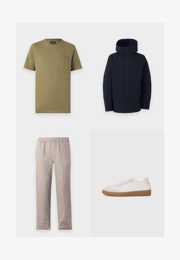 Samsøe Samsøe JOHN JACKET - Regnjakke - salute; Olivengrønn bomulls t-skjorte med korte ermer, rund hals og en brystlomme med en liten gul logo. Glatt tekstur.; Lyse beige linbukser med elastisk liv, rett ben-design og uten synlige lommer. Glatt tekstur med lette rynker.; Hvit og beige sneaker med semsket skinn og lær-elementer. Har gummisåle, snøring og minimalistiske side-striper.