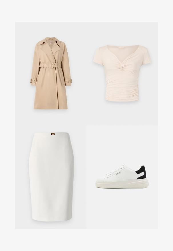 Beige trenchcoat laget av glatt stoff, med belted midje, brede krager og knappeermer. Den har to frontlommer.; Lys beige kortermet topp med V-hals og vridd detalj foran, med samlet tekstur langs sidene for en tettsittende design.; Elisabetta Franchi WOMEN SKIRT - Blyantskjørt - avorio; Hvite lær sneakers med tykk hvit såle, svart semsket hælforsterkning og preget logo på siden. Snøresystem med seks hull.