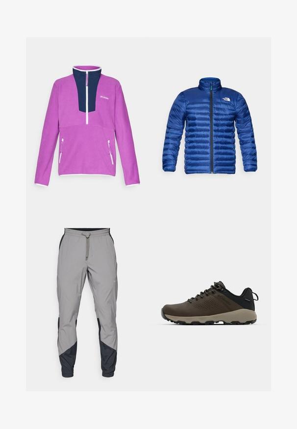 Padded modrá bunda s vysokým golierom, plným predným zipsom a horizontálnym prešívaním. Na hornej ľavej strane košele sa nachádza logo.; Fialový fleece pulóver s námorníckym modrým štvrťovým zipsom, bielym detailom zipsu a prednou kapsou so zipsovým uzáverom.; Ľahké, šedé športové nohavice s čiernymi akcentmi. Elastický pás, sťahovanie pomocou šnúrky, zúžený strih nohavíc a bočné vrecká.; Hnedé vodoodolné tenisky s textúrovaným zvrškom, perforovanými detailmi, čiernou oporou päty a šedou gumovou podrážkou. Šnúrky sú ozdobené kovovými koncami.