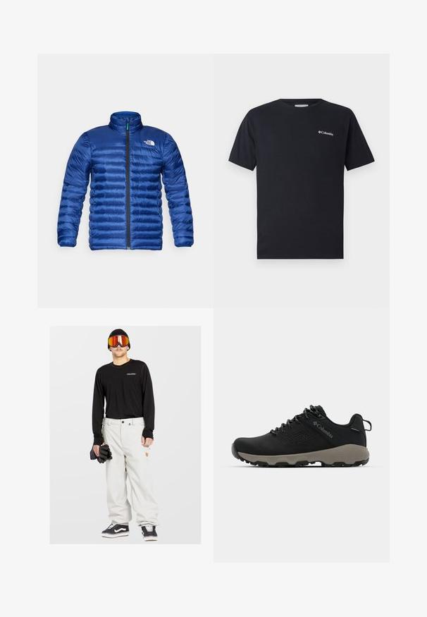 Veste bleue matelassée avec un col montant, fermeture éclair avant intégrale et design matelassé horizontal. Comprend un logo sur le côté gauche de la poitrine.; T-shirt noir à manches courtes en coton, avec un petit logo blanc Columbia sur la partie gauche de la poitrine. Encolure ronde classique et coupe décontractée.; Chemise noire à manches longues, pantalon de neige blanc, gants noirs et lunettes de ski réfléchissantes. Bonnet gris, baskets noires avec semelle blanche.; Chaussure de randonnée noire avec une tige lisse, un design perforé, une semelle extérieure grise et un talon renforcé. Comprend des lacets et une languette pour un enfilage facile.