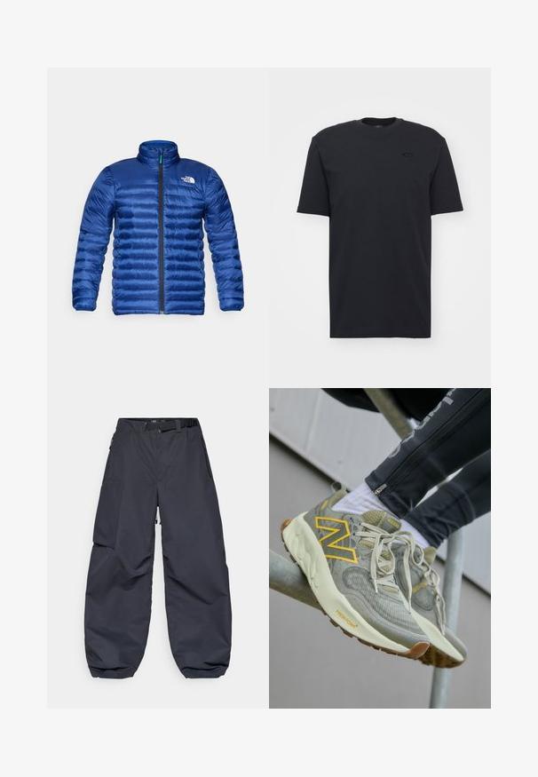 Gewatteerde blauwe jas met een staande kraag, een volledige rits aan de voorkant en een horizontaal gestikt ontwerp. Bevat een logo op de bovenste linkerkant van de borst.; Zwarte katoenen t-shirt met korte mouwen en ronde hals, met een subtiele logo-accent op de borst en een relaxte pasvorm.; Donkergrijze cargobroeken van een zachte, duurzame stof. Ze hebben een brede, losse pasvorm, meerdere zakken en een tailleband voor aanpassing.; Lichtgrijze New Balance sneakers met een gele "N"-logo, textuur van ademend mesh, vetersysteem en een comfortabel off-white zool. Bruine buitenzool details.