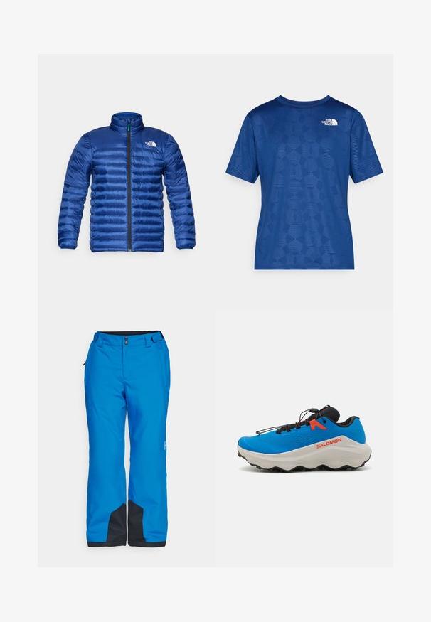 Padded modrá bunda s vysokým golierom, plným predným zipsom a horizontálnym prešívaním. Na hornej ľavej strane košele sa nachádza logo.; Modrá košeľa s krátkym rukávom s textúrovaným geometrickým vzorom a bielym logom na hornom ľavom rohu. Vyrobená z ľahkého, priedušného materiálu.; Modré snehové nohavice s hladkým povrchom, dvojitými prednými gombíkmi a čiernymi akcentmi na manžetách a bočných vreckách pre funkciu.; Modré športové topánky s textúrovaným zvrškom, čiernymi akcentmi, polstrovanou bielou podrážkou a nastaviteľným systémom šnurovania pre bezpečné uchytenie.
