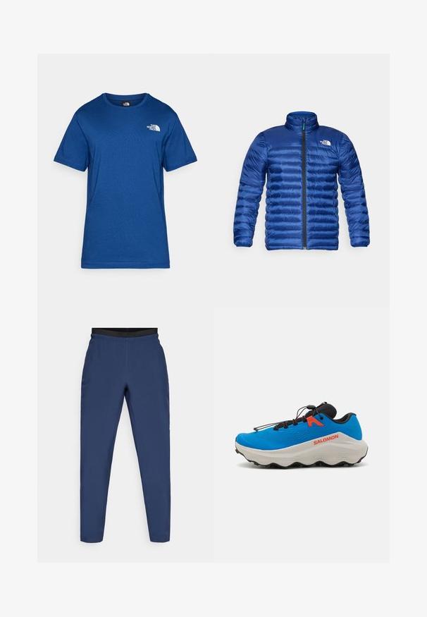 Minkštas mėlynas švarkas su stovinčiu apykakle, pilna priekinė užtrauktuką ir horizontaliu siuvinėtu dizainu. Ant viršutinės kairės krūtinės dalies yra logotipas.; Mėlyna trumpomis rankovėmis marškinėliai, pagaminti iš minkštos medžiagos, su apvalia iškirpte ir mažuoju baltu logotipu ant krūtinės. Paprastas dizainas be raštų.; Tamsiai mėlynos sportinės kelnės, pagamintos iš lengvos medžiagos. Turi juodą elastingą juosmens juostą ir siaurėjančio silueto dizainą su minimaliais siūlių akcentais.; Mėlyna sportinė batai su tekstūruotu viršumi, juodais akcentais, paminkštintu baltu padu ir reguliuojamu raištelių sistemu tvirtam prisitaikymui.