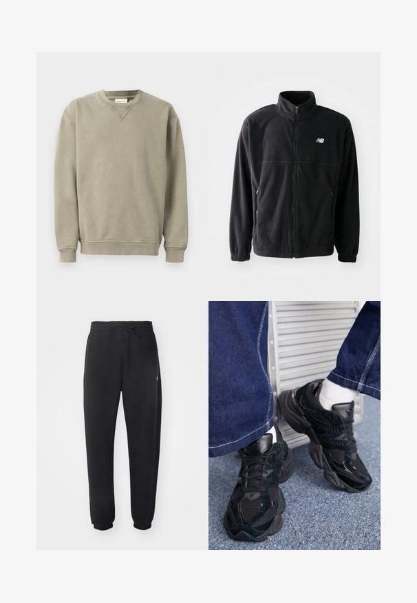 Black fleece jacket with a zip front, high collar, two side pockets, and elastic cuffs. New Balance logo in white on the upper left side.; Khaki sweatshirt made from soft cotton blend, featuring a crew neckline, ribbed cuffs, and a relaxed fit with subtle stitching details.; Black sweatpants made of soft material with an elastic waistband, drawstring, and tapered cuffs, featuring a subtle logo on the side.; Black sneakers featuring a combination of textured and smooth materials, prominent lacing, and a chunky sole, paired with dark denim pants.