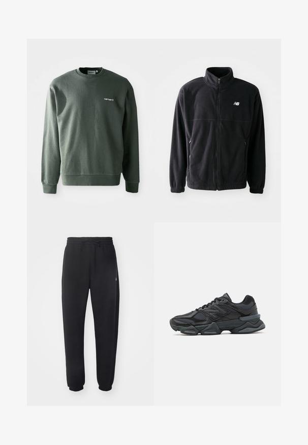 Black fleece jacket with a zip front, high collar, two side pockets, and elastic cuffs. New Balance logo in white on the upper left side.; Dark green sweatshirt made of cotton blend, featuring a crew neckline, ribbed cuffs, and a small white logo on the left chest.; Black sweatpants made of soft material with an elastic waistband, drawstring, and tapered cuffs, featuring a subtle logo on the side.; Black running shoe featuring a mix of mesh and synthetic materials, chunky sole, curved design, and prominent branding on the side.