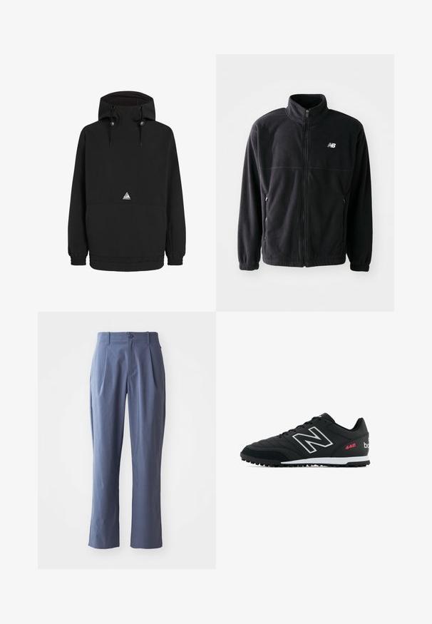 Jachetă din fleece neagră cu fermoar în față, guler înalt, două buzunare laterale și manșete elastice. Logo-ul New Balance în alb pe partea superioară stângă.; Pulover negru cu glugă, manșete elastice și tiv inferior. Are o buzunar frontal și un logo triangular pe piept.; Pantaloni bleu marin cu pliuri, croi drept, realizați dintr-un material ușor, având un singur nasture în față și bucăți pentru curea.; Pantof black de sport cu partea superioară din piele texturată, logo argintiu, talpă intermediară albă și talpă din cauciuc negru. Prezintă accente și șireturi roz.